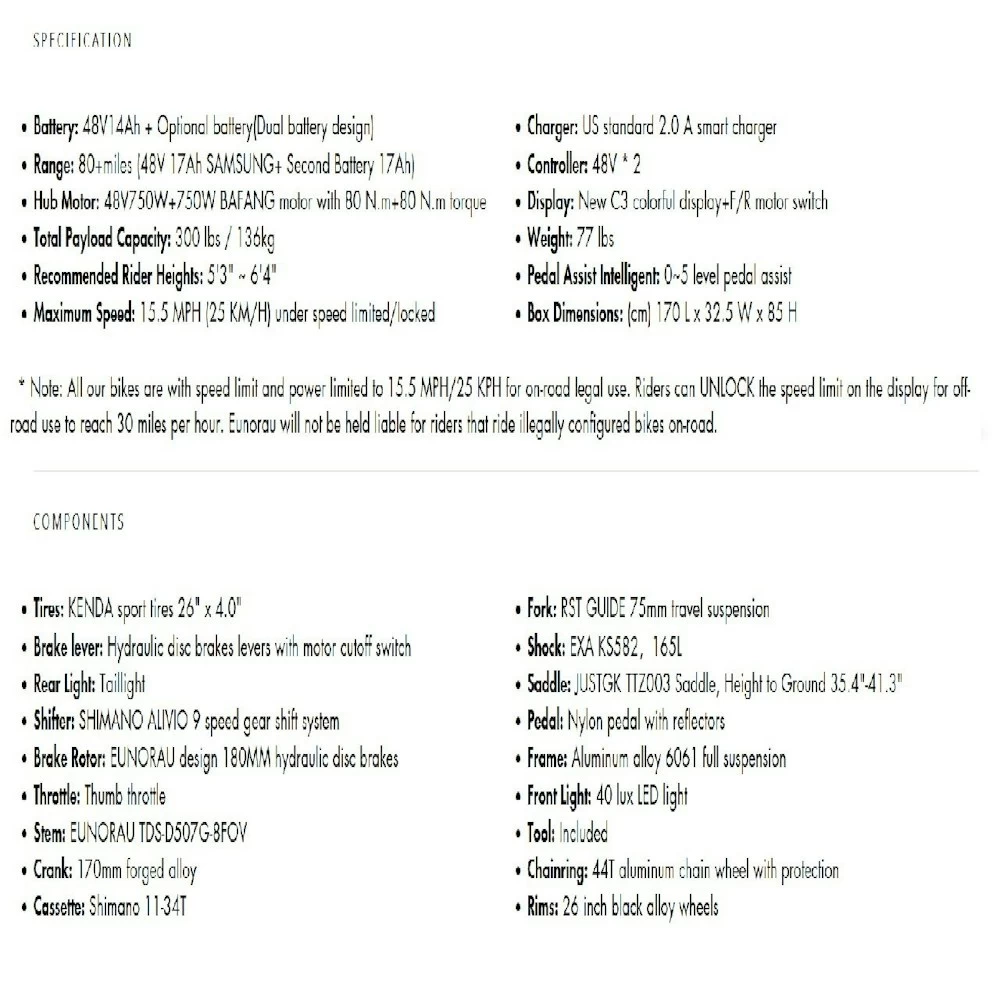 Eunorau DEFENDER-S 1500 Watt 9-Speed AWD E-bike 17" Black 10 Eunorau DEFENDER-S 1500 Watt 9-Speed AWD E-bike 17" Black - Image 10